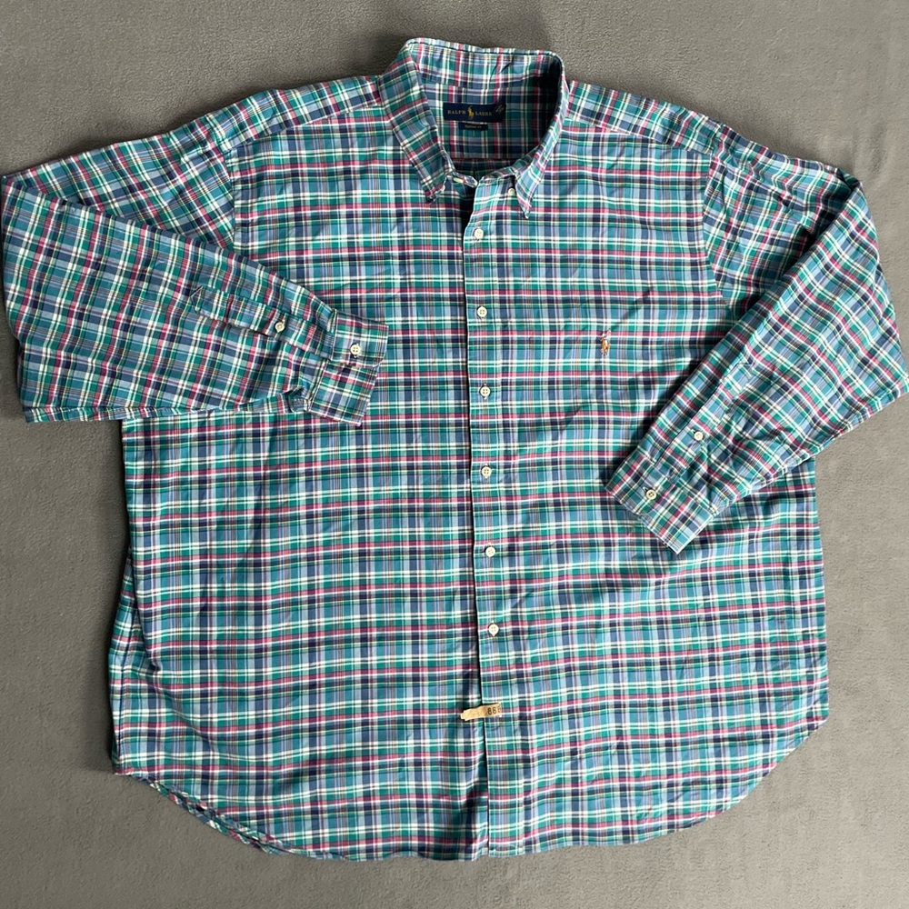 Ralph Lauren Men's Blue Green plaid button down sz 3xB  classic fit flesh pony - Picture 3 of 10